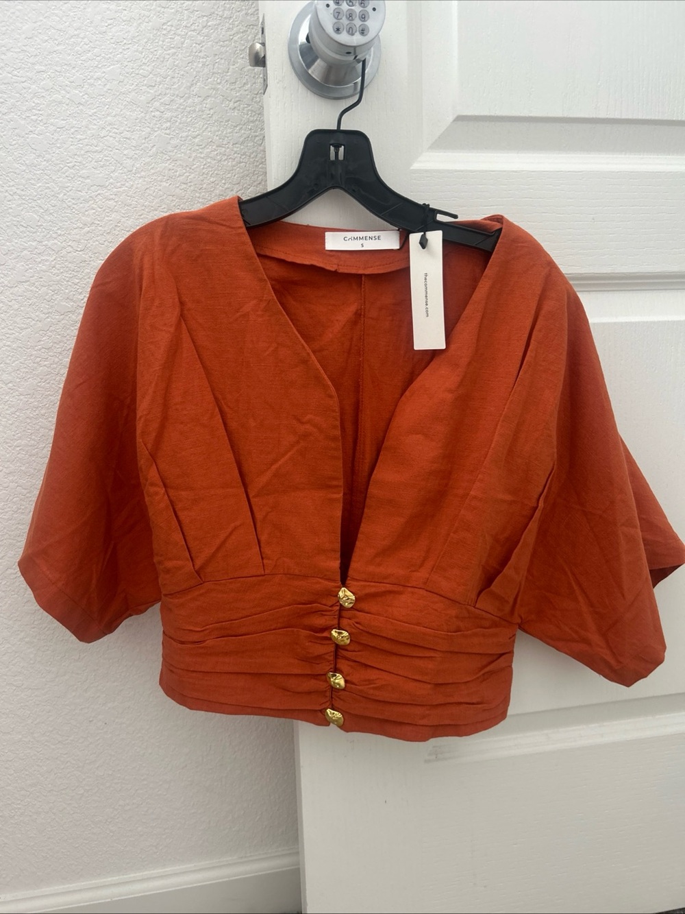 Commense Cotton & Linen Kimono Sleeve Gold Button Top Terracotta  Orange Size S - Picture 2 of 4